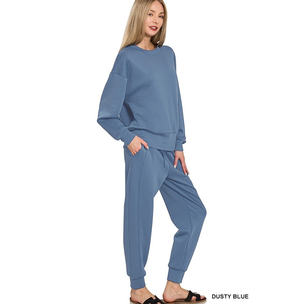 Zenana Scuba Crewneck Pullover Joggers Set Womens S Dusty Blue NWOT ROPT-4053D4